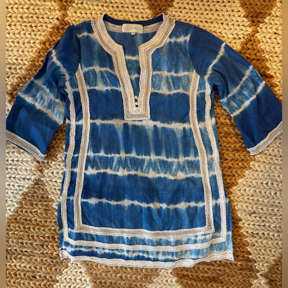 Tashia Shibori Blue & White Tie-Dye Embroidered + Beaded Linen Tunic, Medium